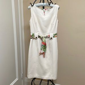 Milly ivory wool shift v neck dress with floral silk belt.